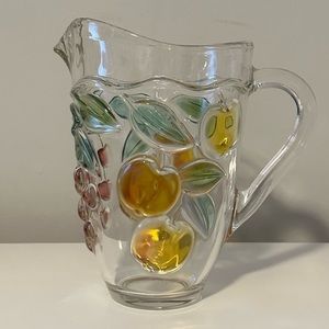 Mikasa Golden Harvest Clear Glass Pitcher Embossed Color 3D Fruit 1.75 QT